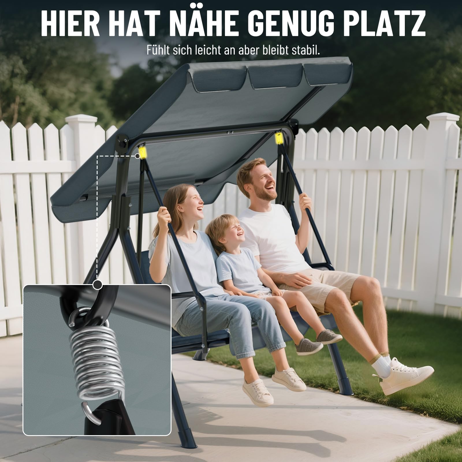 Soontrans 3-Sitzer Hollywoodschaukel, Familienzeit mit Leichtigkeit, Gartenschaukel mit Sonnendach & Gestell & Gepolsterte Sitzauflage, Belastbar bis 200 kg, aus Stahl (193 x 110 x 152 cm, Beige)