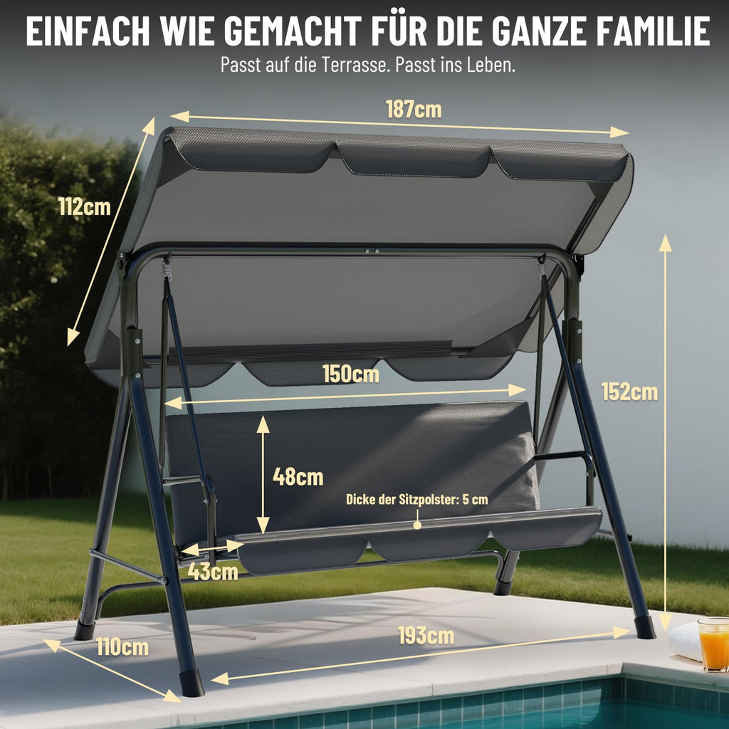 Soontrans 3-Sitzer Hollywoodschaukel, Familienzeit mit Leichtigkeit, Gartenschaukel mit Sonnendach & Gestell & Gepolsterte Sitzauflage, Belastbar bis 200 kg, aus Stahl (193 x 110 x 152 cm, Beige)