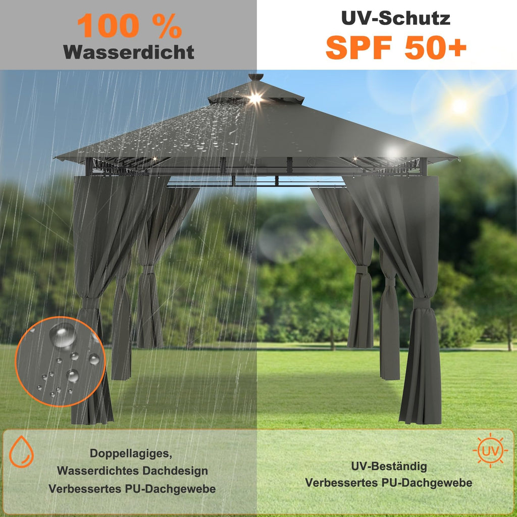 Devoko Garden Pavillon 3x3 Wasserdicht Stabil Winterfest Deluxe Gazebo, UV-Schutz 50+ Doppellagiges Grilpavillons mit seitenwänden für 4-8 Personen, Partyzelt für Freizeit, Partys,Grau mit LED