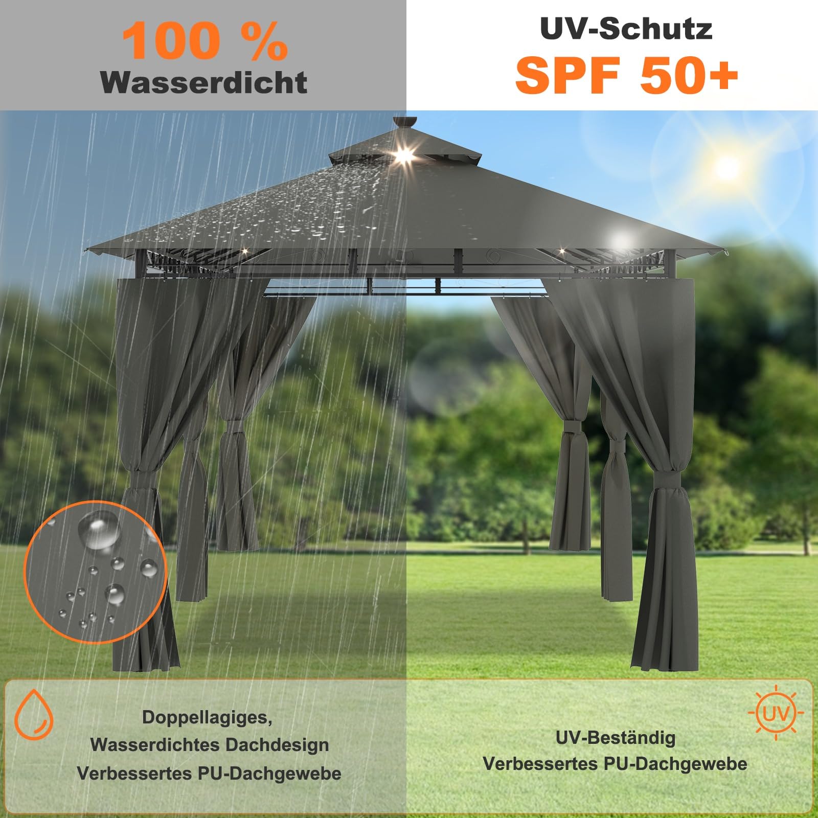 Devoko Garden Pavillon 3x3 Wasserdicht Stabil Winterfest Deluxe Gazebo, UV-Schutz 50+ Doppellagiges Grilpavillons mit seitenwänden für 4-8 Personen, Partyzelt für Freizeit, Partys,Grau mit LED