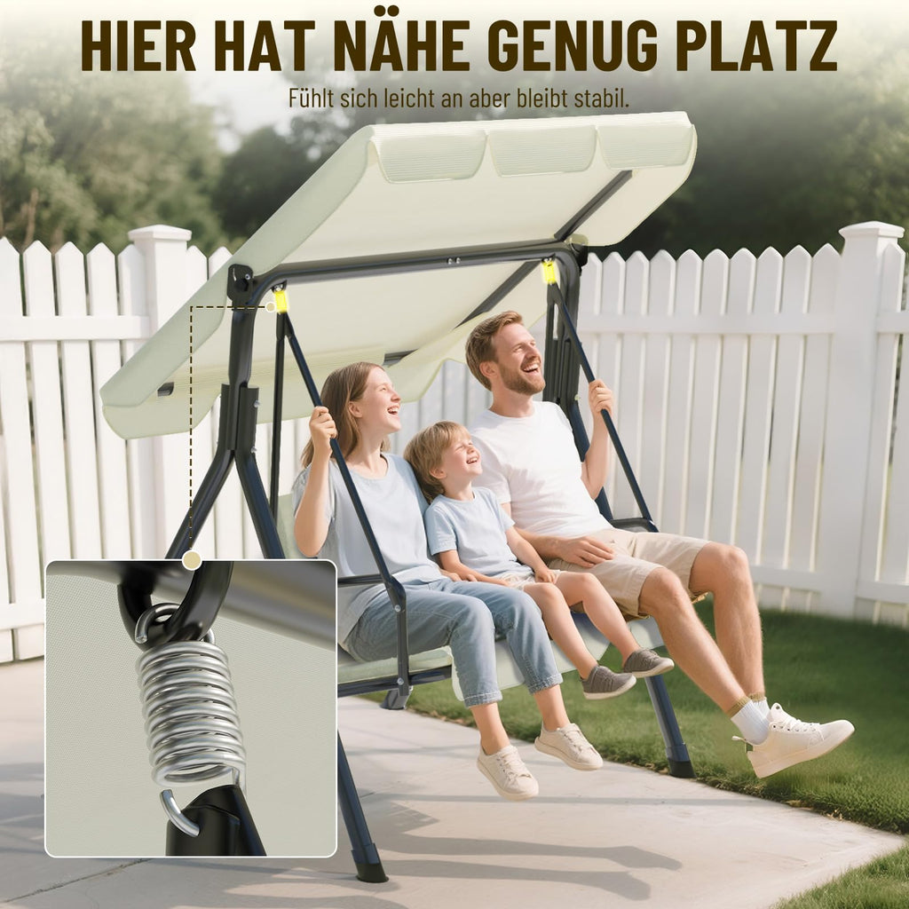 Soontrans 3-Sitzer Hollywoodschaukel, Familienzeit mit Leichtigkeit, Gartenschaukel mit Sonnendach & Gestell & Gepolsterte Sitzauflage, Belastbar bis 200 kg, aus Stahl (193 x 110 x 152 cm, Beige)