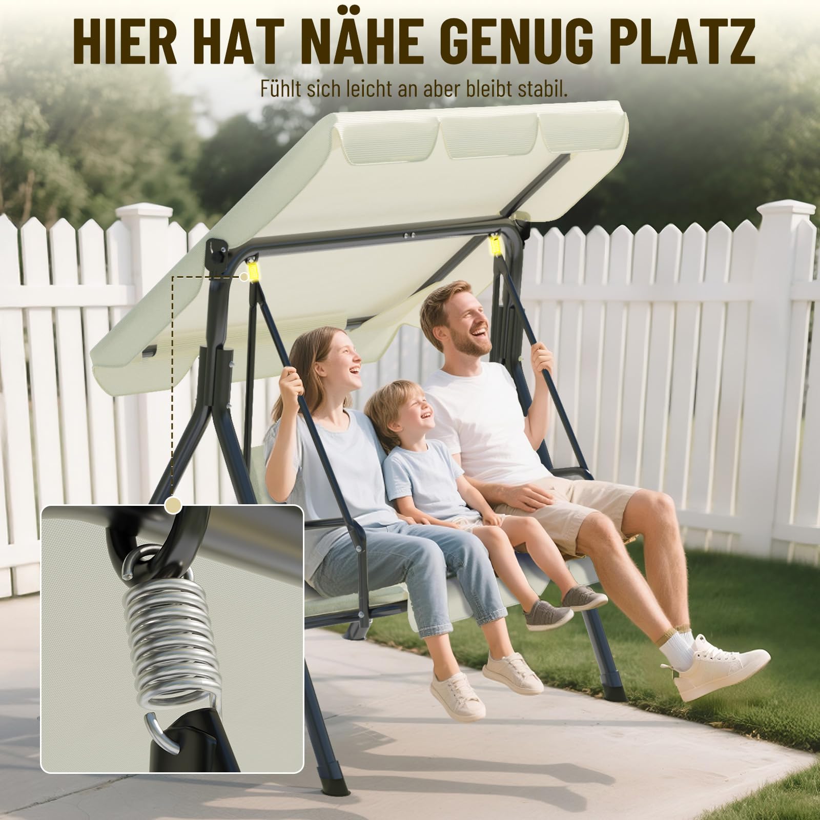 Soontrans 3-Sitzer Hollywoodschaukel, Familienzeit mit Leichtigkeit, Gartenschaukel mit Sonnendach & Gestell & Gepolsterte Sitzauflage, Belastbar bis 200 kg, aus Stahl (193 x 110 x 152 cm, Beige)