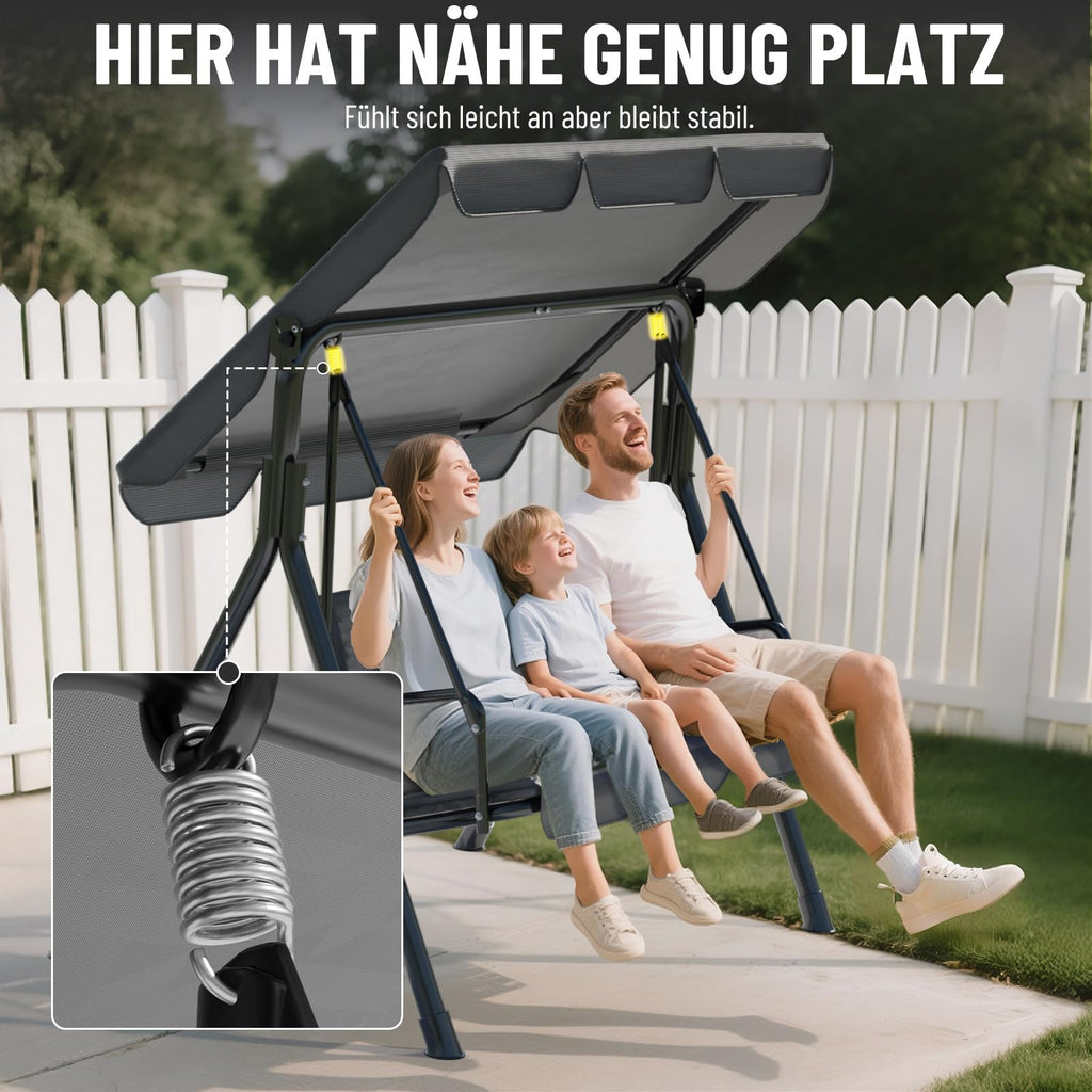 Soontrans 3-Sitzer Hollywoodschaukel, Familienzeit mit Leichtigkeit, Gartenschaukel mit Sonnendach & Gestell & Gepolsterte Sitzauflage, Belastbar bis 200 kg, aus Stahl (193 x 110 x 152 cm, Beige)