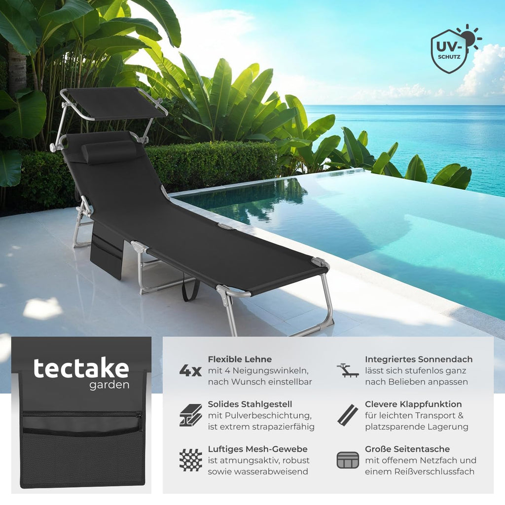 tectake® Sonnenliege klappbar, tragbar, Liege mit Seitentasche, Strandliege, Gartenliege mit Dach, Liegestuhl mit Verstellbarer Rückenlehne, inkl. Kopfkissen - für Balkon, Terrasse, Camping - beige