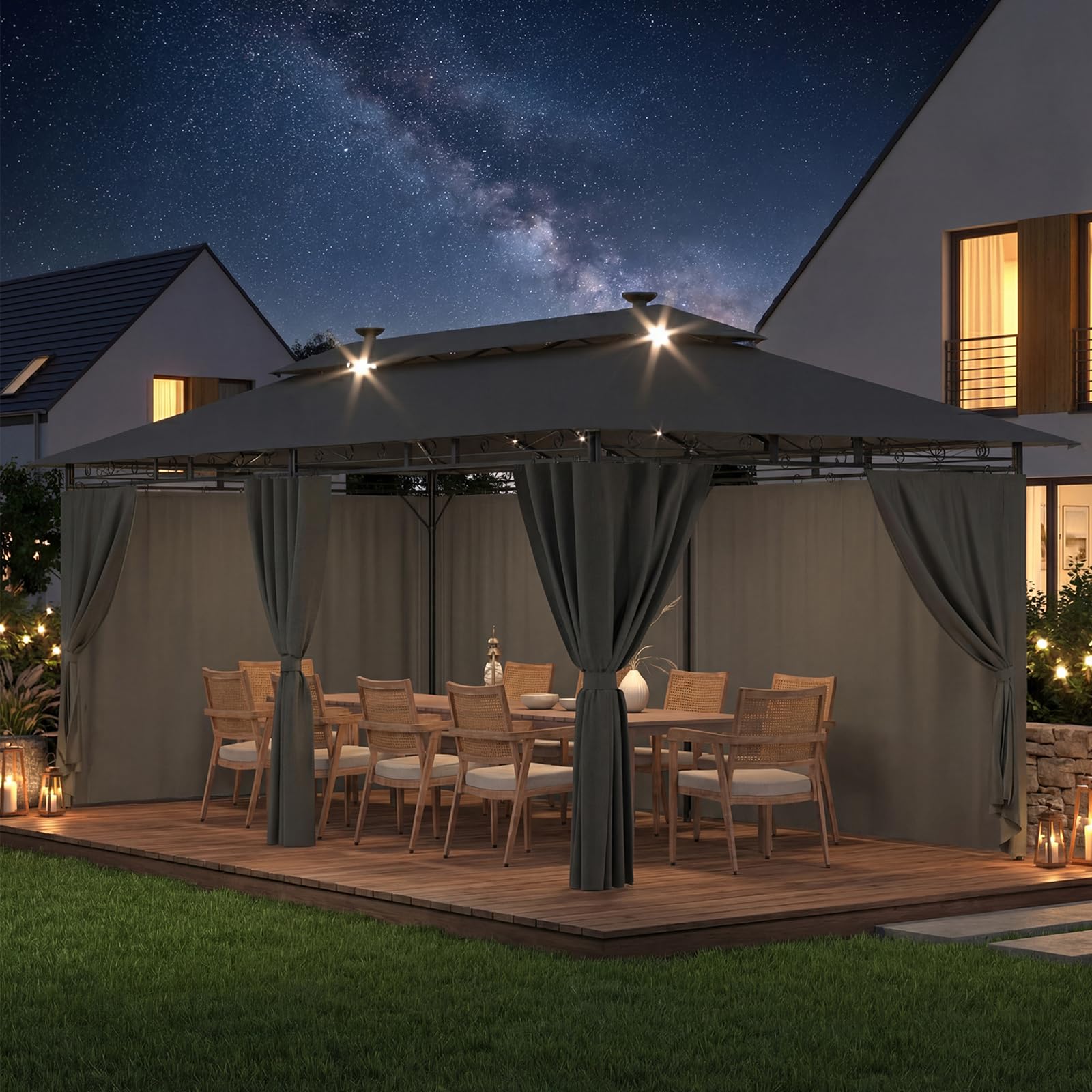 Devoko Garden Pavillon 3x3 Wasserdicht Stabil Winterfest Deluxe Gazebo, UV-Schutz 50+ Doppellagiges Grilpavillons mit seitenwänden für 4-8 Personen, Partyzelt für Freizeit, Partys,Grau mit LED