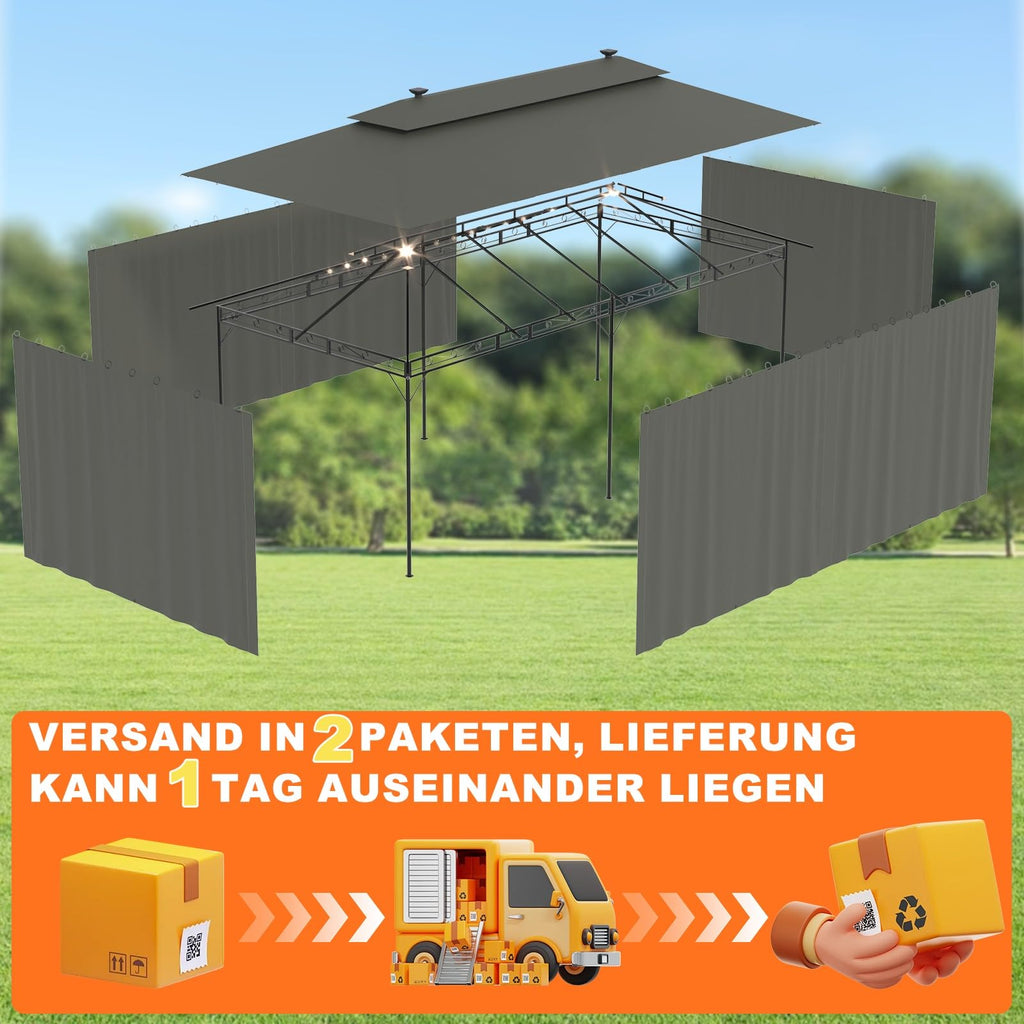 Devoko Garden Pavillon 3x3 Wasserdicht Stabil Winterfest Deluxe Gazebo, UV-Schutz 50+ Doppellagiges Grilpavillons mit seitenwänden für 4-8 Personen, Partyzelt für Freizeit, Partys,Grau mit LED