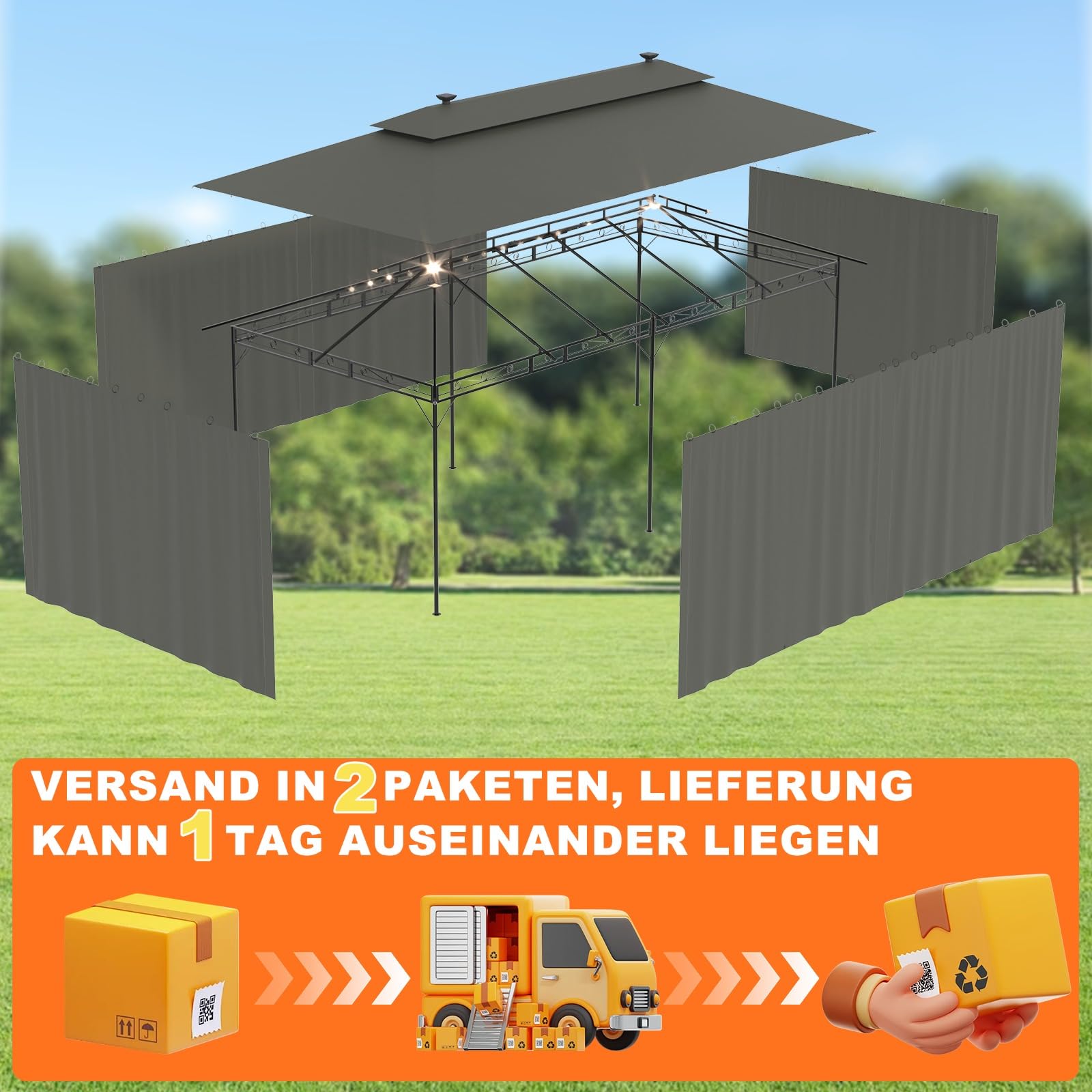 Devoko Garden Pavillon 3x3 Wasserdicht Stabil Winterfest Deluxe Gazebo, UV-Schutz 50+ Doppellagiges Grilpavillons mit seitenwänden für 4-8 Personen, Partyzelt für Freizeit, Partys,Grau mit LED