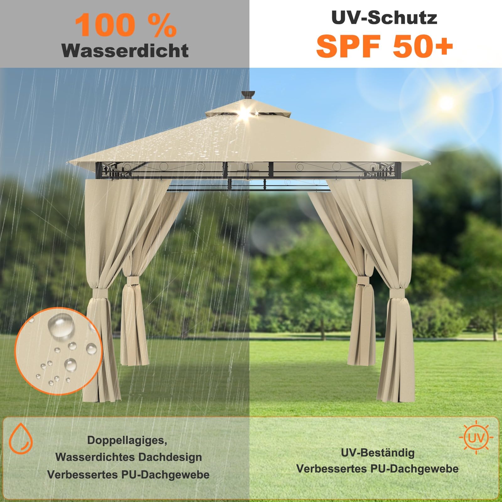 Devoko Garden Pavillon 3x3 Wasserdicht Stabil Winterfest Deluxe Gazebo, UV-Schutz 50+ Doppellagiges Grilpavillons mit seitenwänden für 4-8 Personen, Partyzelt für Freizeit, Partys,Grau mit LED