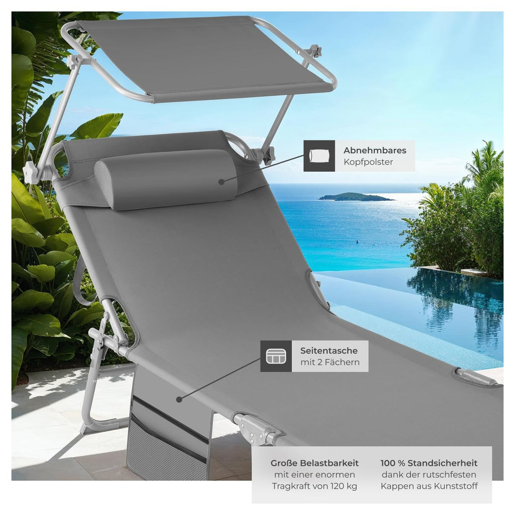 tectake® Sonnenliege klappbar, tragbar, Liege mit Seitentasche, Strandliege, Gartenliege mit Dach, Liegestuhl mit Verstellbarer Rückenlehne, inkl. Kopfkissen - für Balkon, Terrasse, Camping - beige