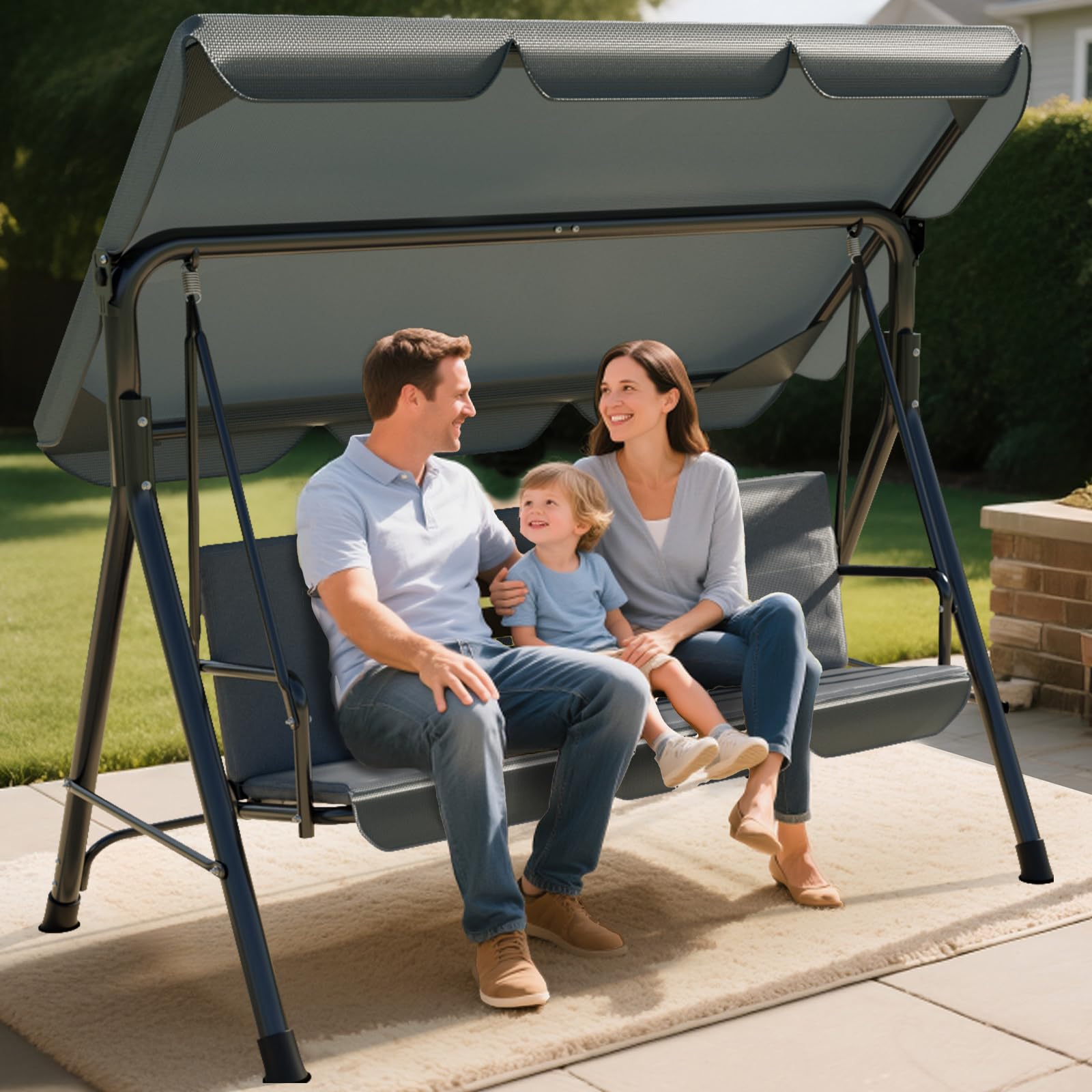 Soontrans 3-Sitzer Hollywoodschaukel, Familienzeit mit Leichtigkeit, Gartenschaukel mit Sonnendach & Gestell & Gepolsterte Sitzauflage, Belastbar bis 200 kg, aus Stahl (193 x 110 x 152 cm, Beige)