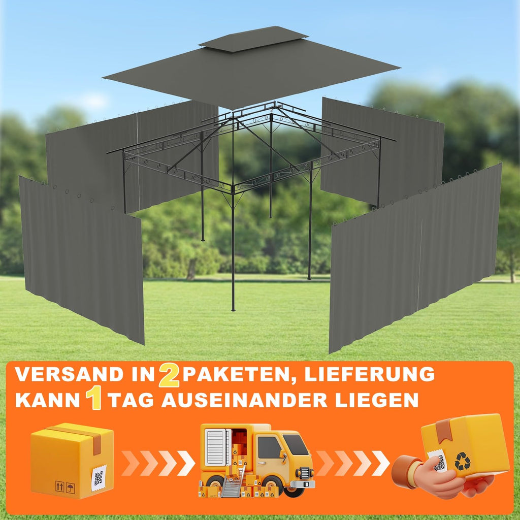Devoko Garden Pavillon 3x3 Wasserdicht Stabil Winterfest Deluxe Gazebo, UV-Schutz 50+ Doppellagiges Grilpavillons mit seitenwänden für 4-8 Personen, Partyzelt für Freizeit, Partys,Grau mit LED