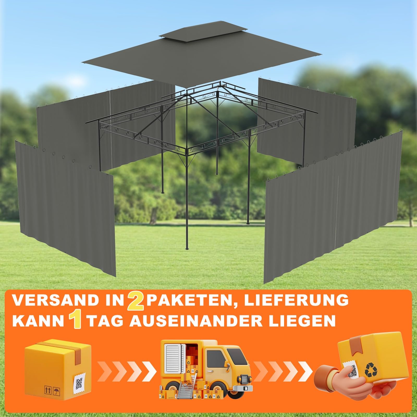 Devoko Garden Pavillon 3x3 Wasserdicht Stabil Winterfest Deluxe Gazebo, UV-Schutz 50+ Doppellagiges Grilpavillons mit seitenwänden für 4-8 Personen, Partyzelt für Freizeit, Partys,Grau mit LED
