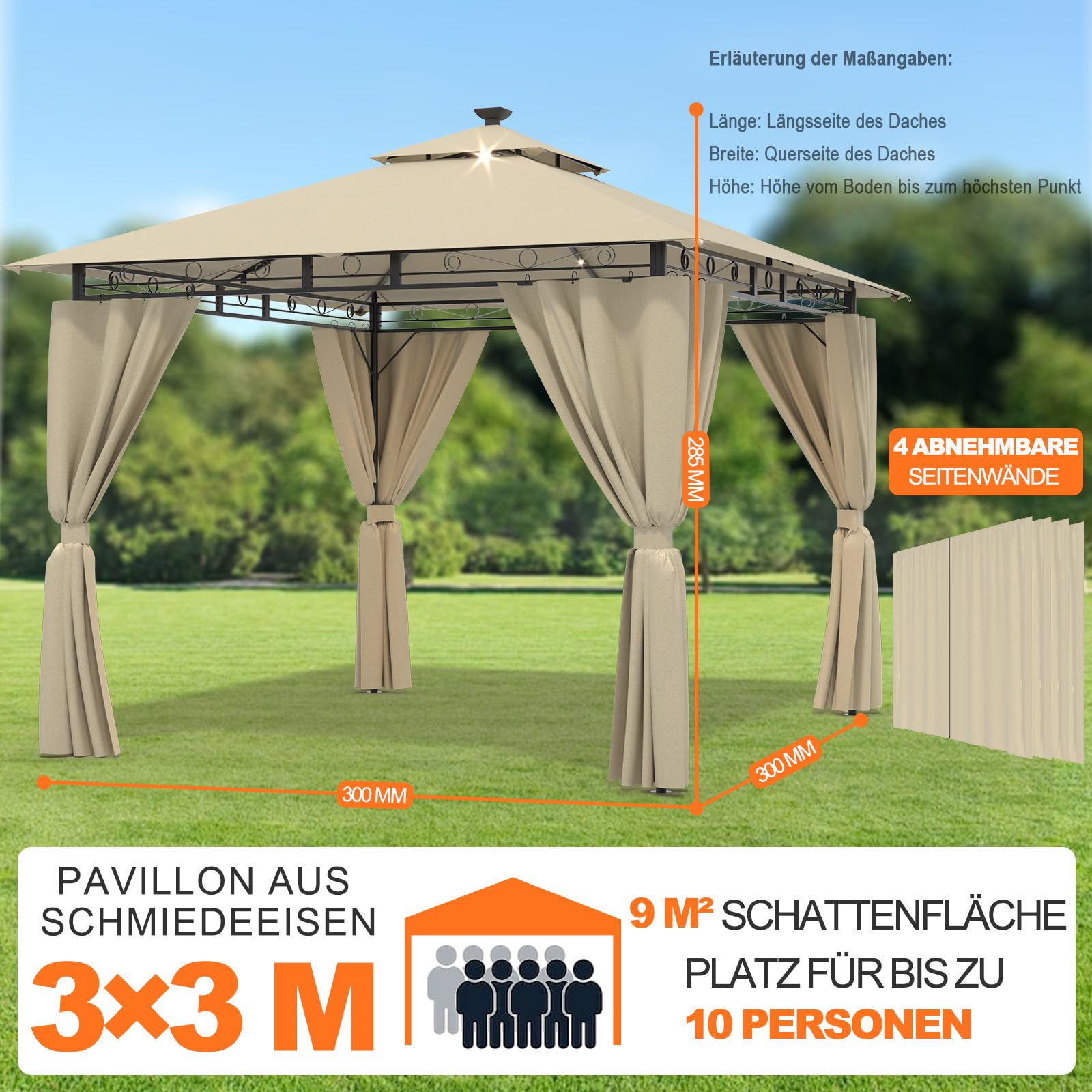 Devoko Garden Pavillon 3x3 Wasserdicht Stabil Winterfest Deluxe Gazebo, UV-Schutz 50+ Doppellagiges Grilpavillons mit seitenwänden für 4-8 Personen, Partyzelt für Freizeit, Partys,Grau mit LED