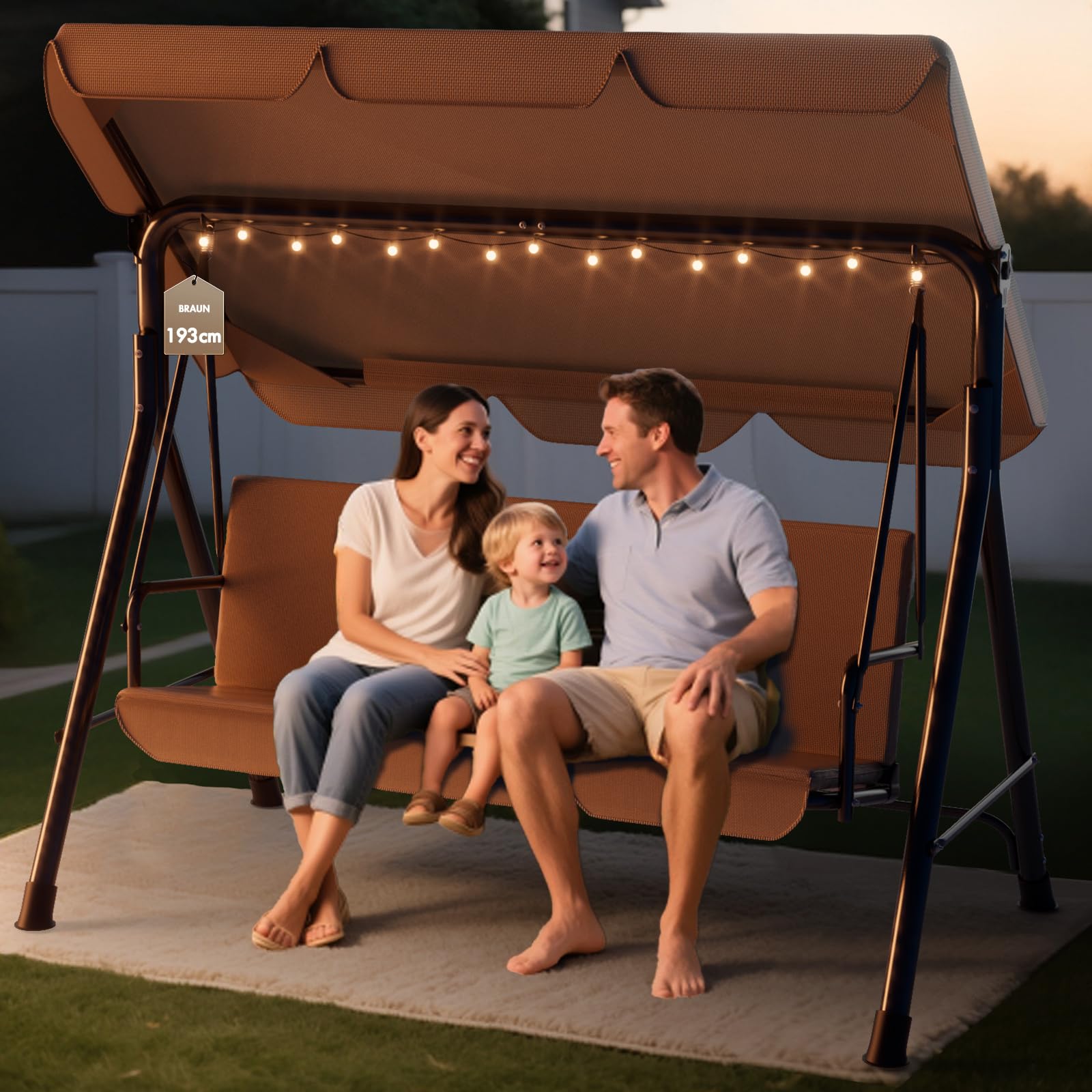 Soontrans 3-Sitzer Hollywoodschaukel, Familienzeit mit Leichtigkeit, Gartenschaukel mit Sonnendach & Gestell & Gepolsterte Sitzauflage, Belastbar bis 200 kg, aus Stahl (193 x 110 x 152 cm, Beige)
