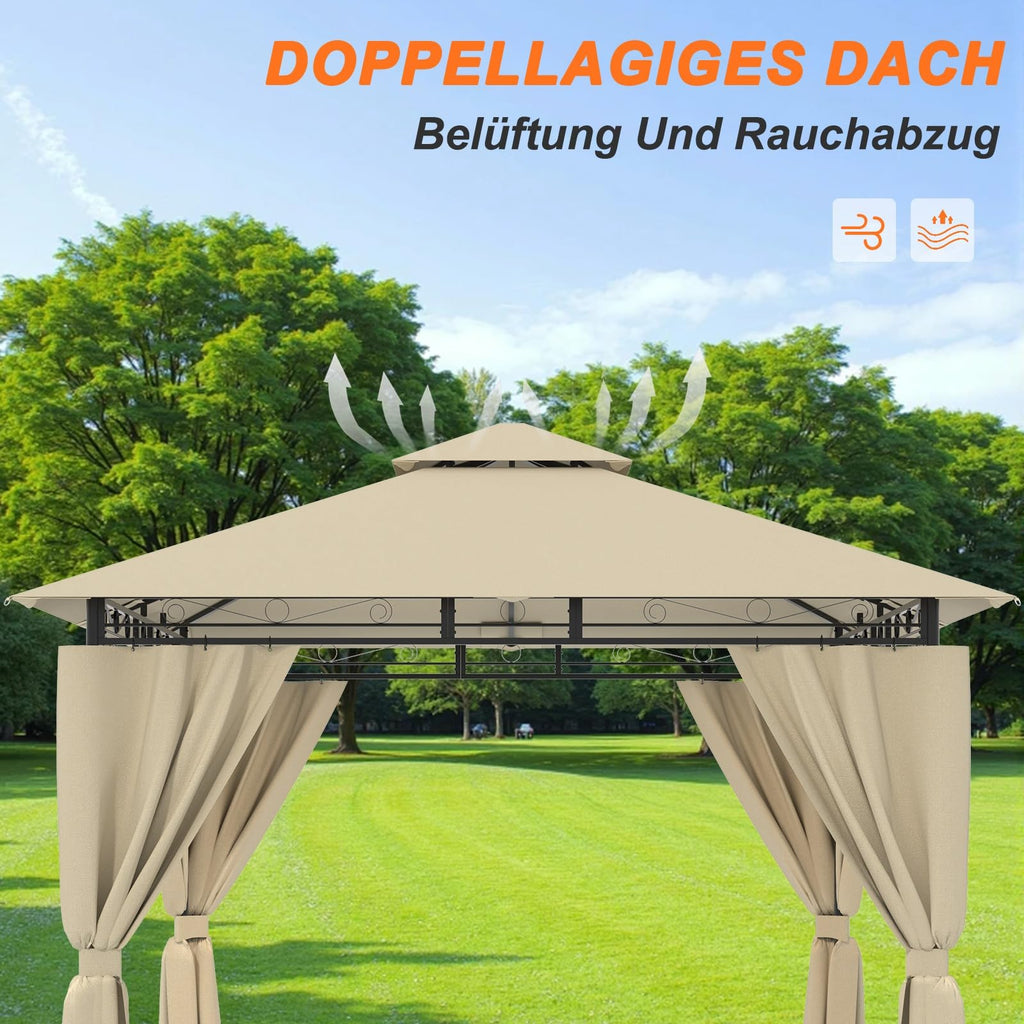 Devoko Garden Pavillon 3x3 Wasserdicht Stabil Winterfest Deluxe Gazebo, UV-Schutz 50+ Doppellagiges Grilpavillons mit seitenwänden für 4-8 Personen, Partyzelt für Freizeit, Partys,Grau mit LED