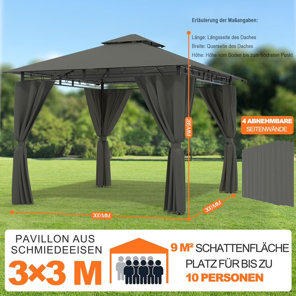 Devoko Garden Pavillon 3x3 Wasserdicht Stabil Winterfest Deluxe Gazebo, UV-Schutz 50+ Doppellagiges Grilpavillons mit seitenwänden für 4-8 Personen, Partyzelt für Freizeit, Partys,Grau mit LED