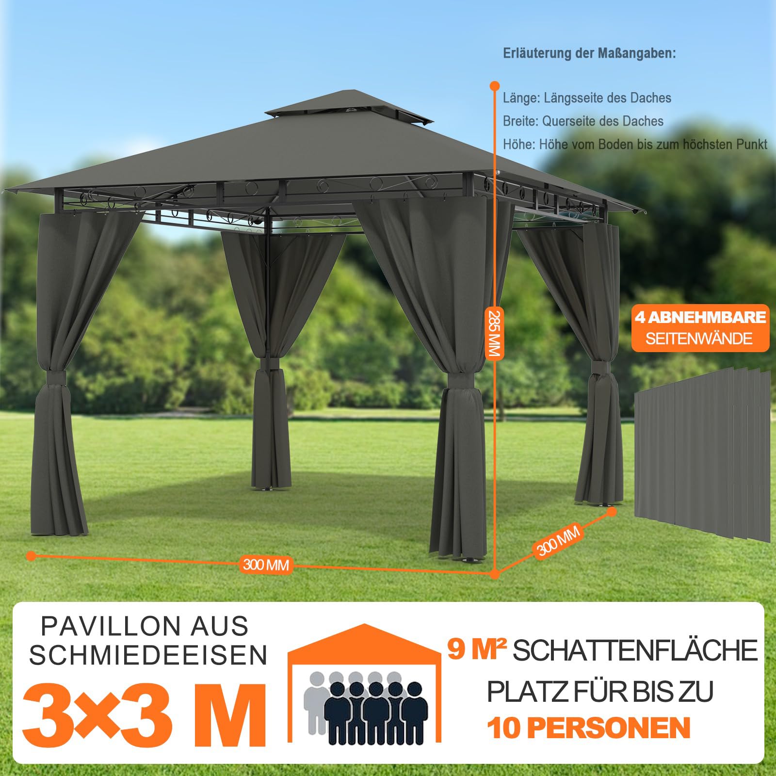 Devoko Garden Pavillon 3x3 Wasserdicht Stabil Winterfest Deluxe Gazebo, UV-Schutz 50+ Doppellagiges Grilpavillons mit seitenwänden für 4-8 Personen, Partyzelt für Freizeit, Partys,Grau mit LED