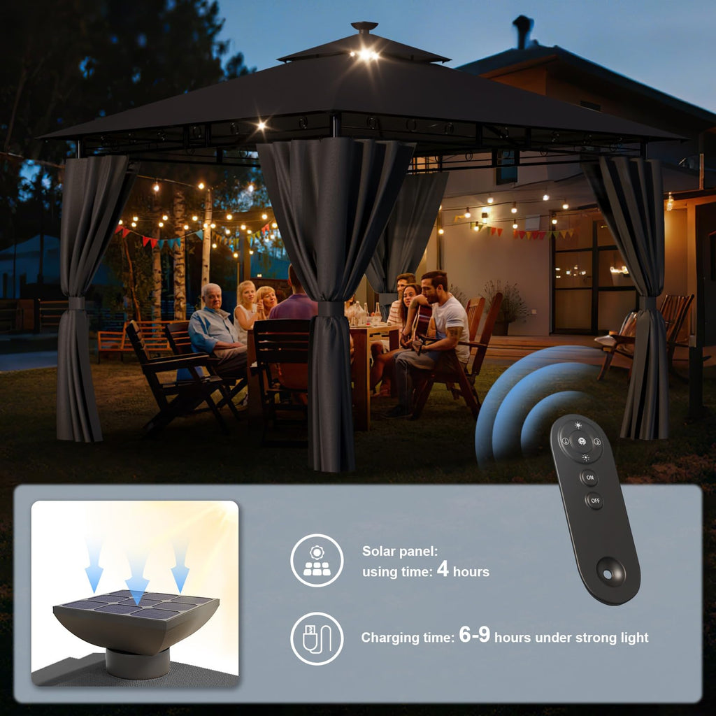 Devoko Garden Pavillon 3x3 Wasserdicht Stabil Winterfest Deluxe Gazebo, UV-Schutz 50+ Doppellagiges Grilpavillons mit seitenwänden für 4-8 Personen, Partyzelt für Freizeit, Partys,Grau mit LED