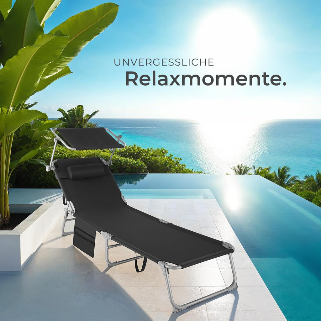 tectake® Sonnenliege klappbar, tragbar, Liege mit Seitentasche, Strandliege, Gartenliege mit Dach, Liegestuhl mit Verstellbarer Rückenlehne, inkl. Kopfkissen - für Balkon, Terrasse, Camping - beige