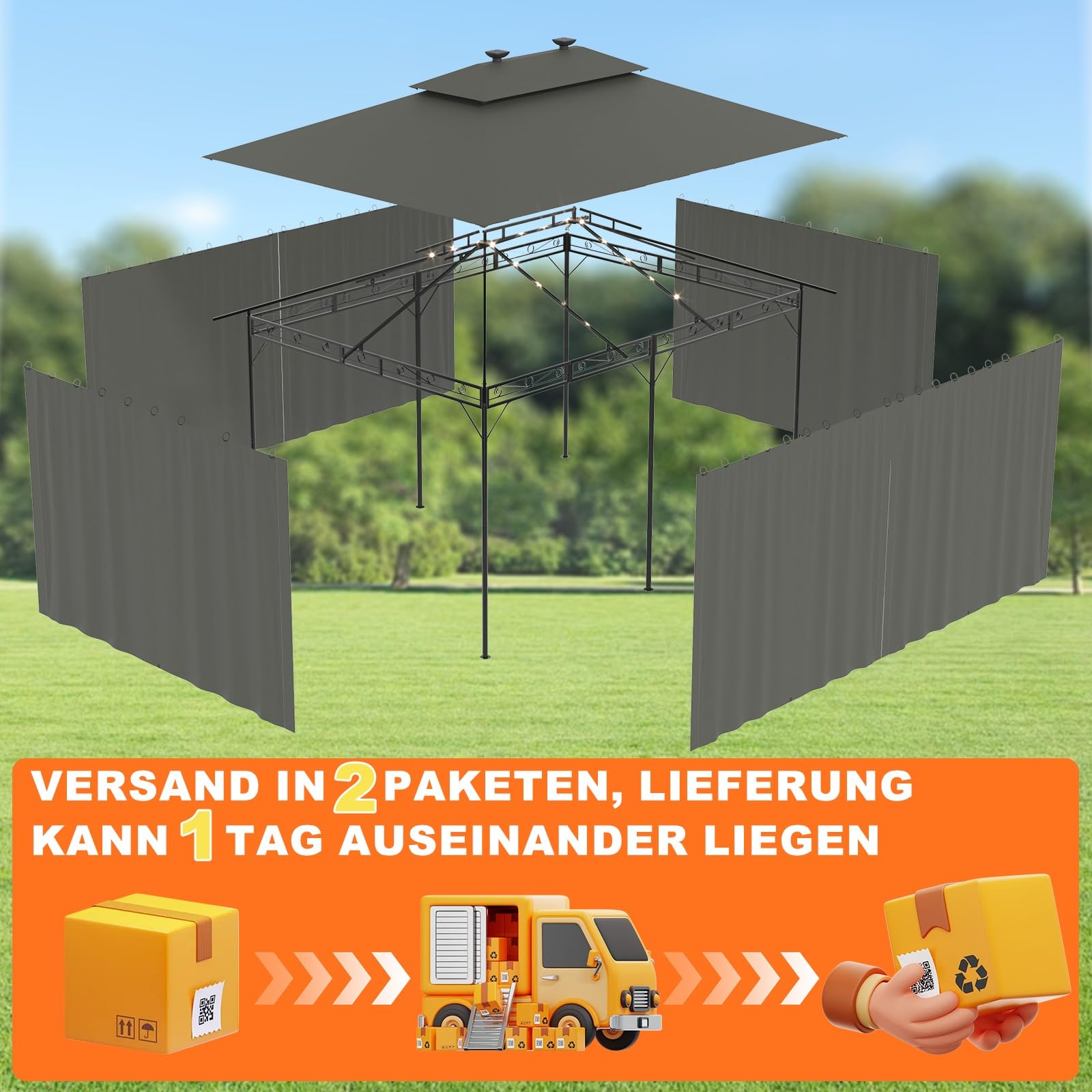 Devoko Garden Pavillon 3x3 Wasserdicht Stabil Winterfest Deluxe Gazebo, UV-Schutz 50+ Doppellagiges Grilpavillons mit seitenwänden für 4-8 Personen, Partyzelt für Freizeit, Partys,Grau mit LED