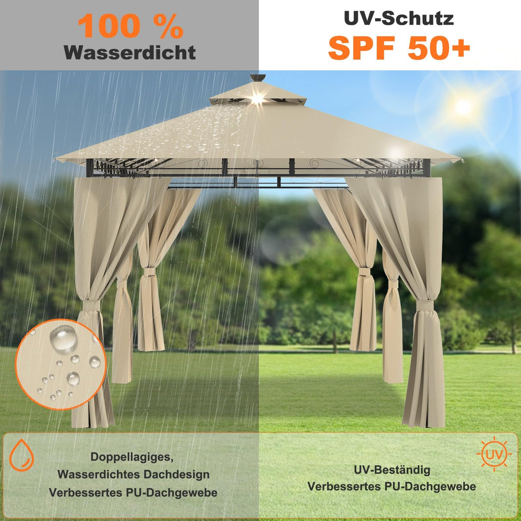 Devoko Garden Pavillon 3x3 Wasserdicht Stabil Winterfest Deluxe Gazebo, UV-Schutz 50+ Doppellagiges Grilpavillons mit seitenwänden für 4-8 Personen, Partyzelt für Freizeit, Partys,Grau mit LED