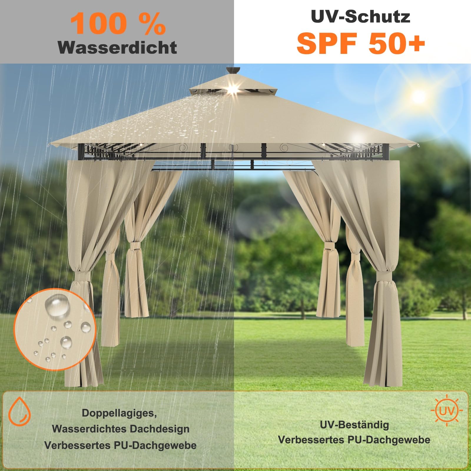 Devoko Garden Pavillon 3x3 Wasserdicht Stabil Winterfest Deluxe Gazebo, UV-Schutz 50+ Doppellagiges Grilpavillons mit seitenwänden für 4-8 Personen, Partyzelt für Freizeit, Partys,Grau mit LED