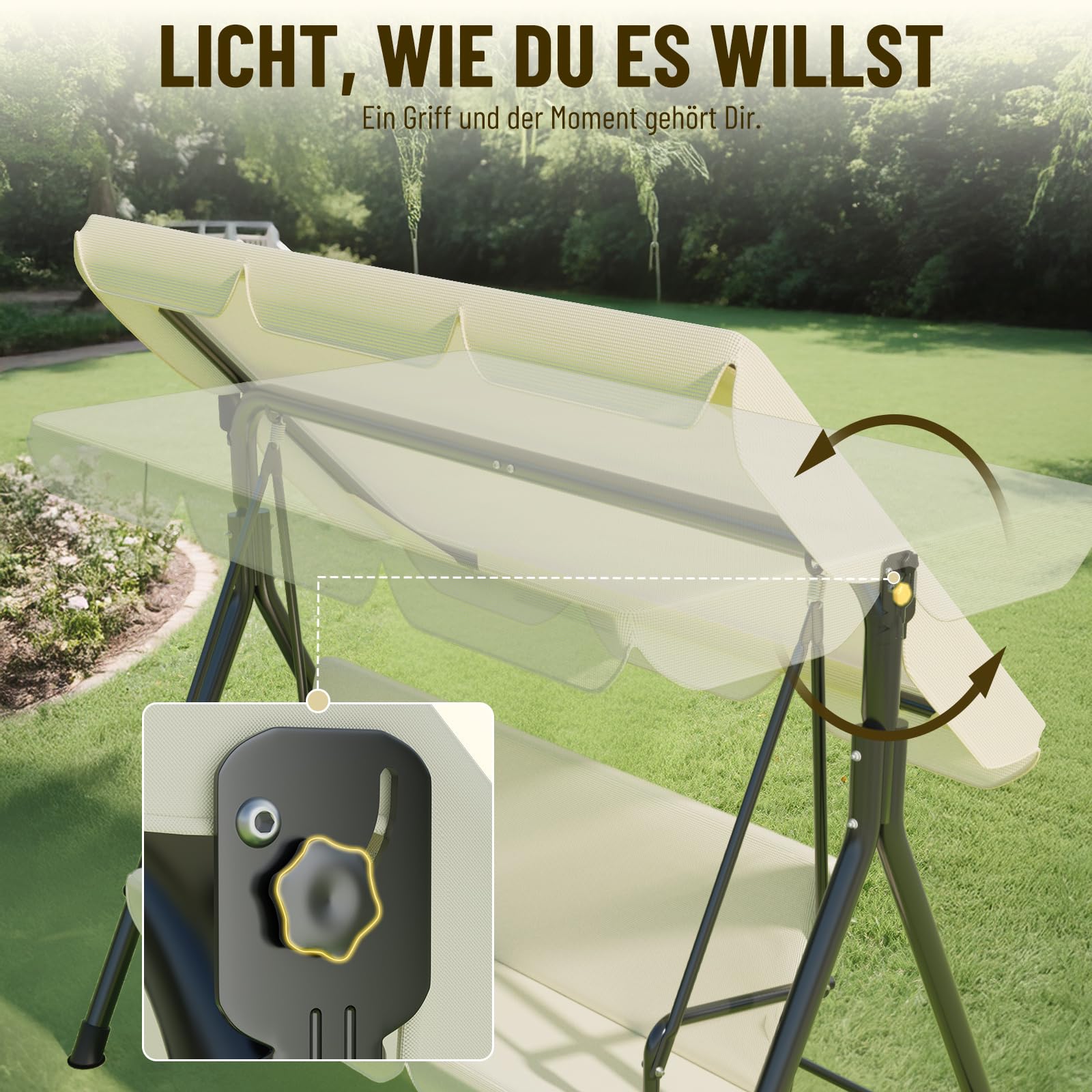 Soontrans 3-Sitzer Hollywoodschaukel, Familienzeit mit Leichtigkeit, Gartenschaukel mit Sonnendach & Gestell & Gepolsterte Sitzauflage, Belastbar bis 200 kg, aus Stahl (193 x 110 x 152 cm, Beige)