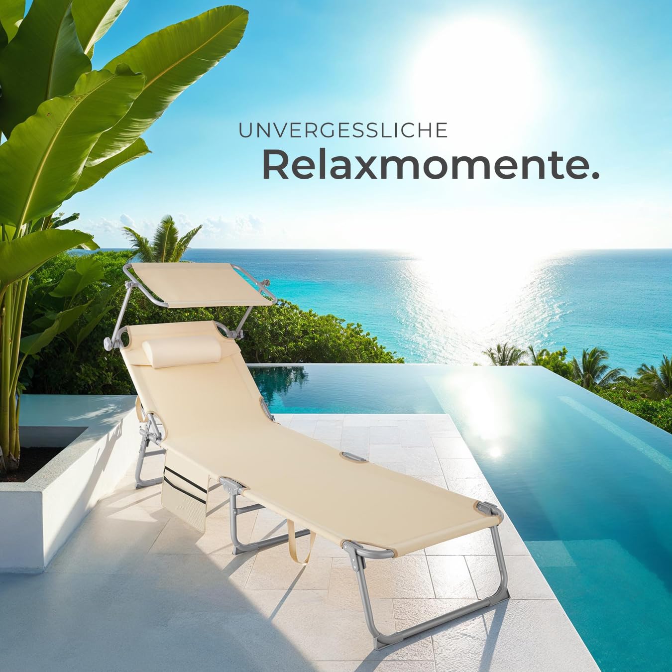 tectake® Sonnenliege klappbar, tragbar, Liege mit Seitentasche, Strandliege, Gartenliege mit Dach, Liegestuhl mit Verstellbarer Rückenlehne, inkl. Kopfkissen - für Balkon, Terrasse, Camping - beige