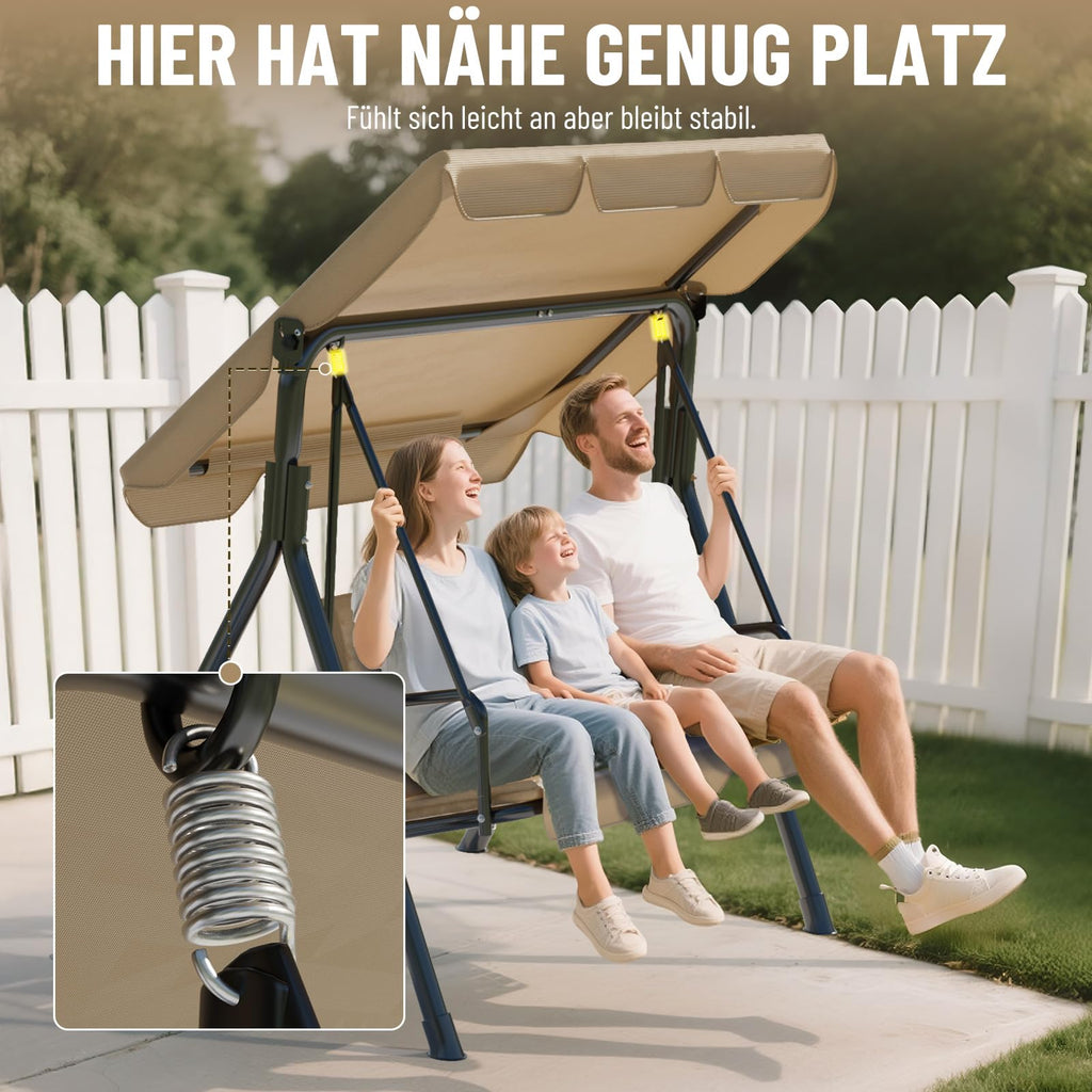 Soontrans 3-Sitzer Hollywoodschaukel, Familienzeit mit Leichtigkeit, Gartenschaukel mit Sonnendach & Gestell & Gepolsterte Sitzauflage, Belastbar bis 200 kg, aus Stahl (193 x 110 x 152 cm, Beige)