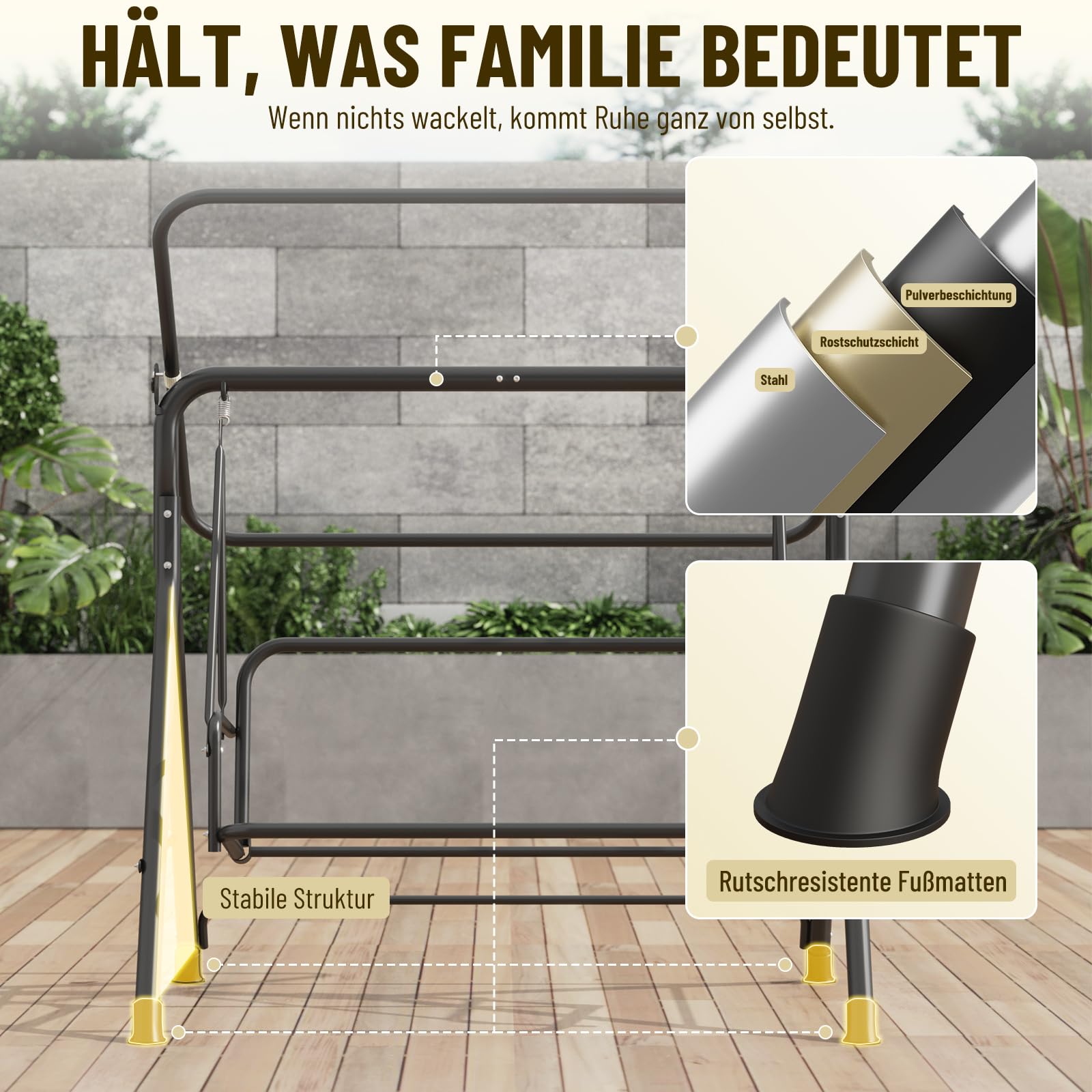Soontrans 3-Sitzer Hollywoodschaukel, Familienzeit mit Leichtigkeit, Gartenschaukel mit Sonnendach & Gestell & Gepolsterte Sitzauflage, Belastbar bis 200 kg, aus Stahl (193 x 110 x 152 cm, Beige)