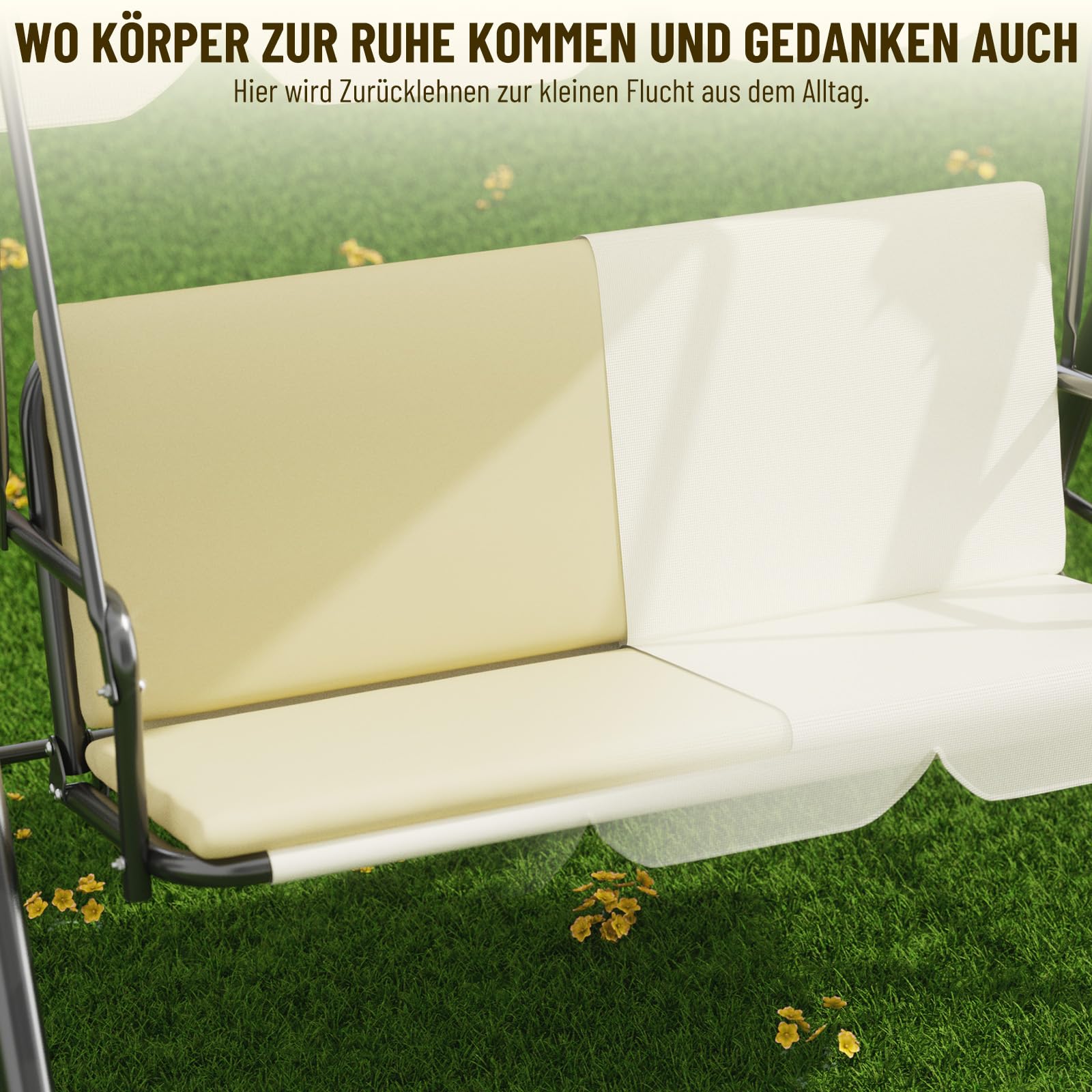 Soontrans 3-Sitzer Hollywoodschaukel, Familienzeit mit Leichtigkeit, Gartenschaukel mit Sonnendach & Gestell & Gepolsterte Sitzauflage, Belastbar bis 200 kg, aus Stahl (193 x 110 x 152 cm, Beige)