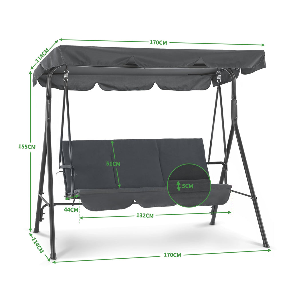 M MCombo 3-Sitzer Hollywoodschaukel, Gartenschaukel mit Verstellbarem Sonnendach, Schaukelbank Outdoor, Gartenliege Wetterfest, 114 x 170 x 155 cm, Grau 8003