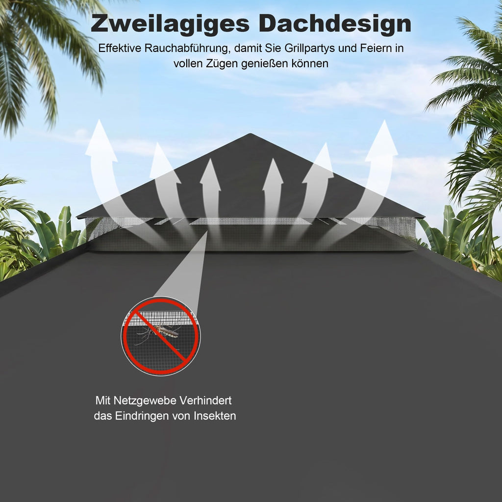 Devoko Garden Pavillon 3x3 Wasserdicht Stabil Winterfest Deluxe Gazebo, UV-Schutz 50+ Doppellagiges Grilpavillons mit seitenwänden für 4-8 Personen, Partyzelt für Freizeit, Partys,Grau mit LED