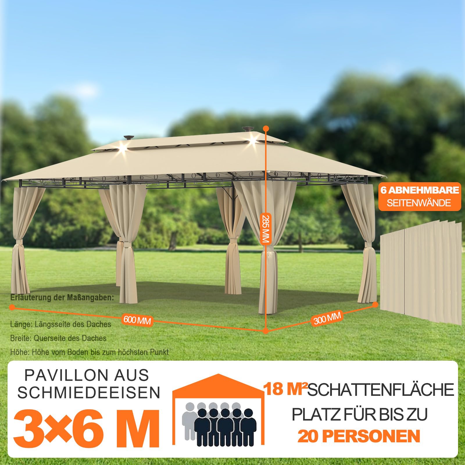 Devoko Garden Pavillon 3x3 Wasserdicht Stabil Winterfest Deluxe Gazebo, UV-Schutz 50+ Doppellagiges Grilpavillons mit seitenwänden für 4-8 Personen, Partyzelt für Freizeit, Partys,Grau mit LED