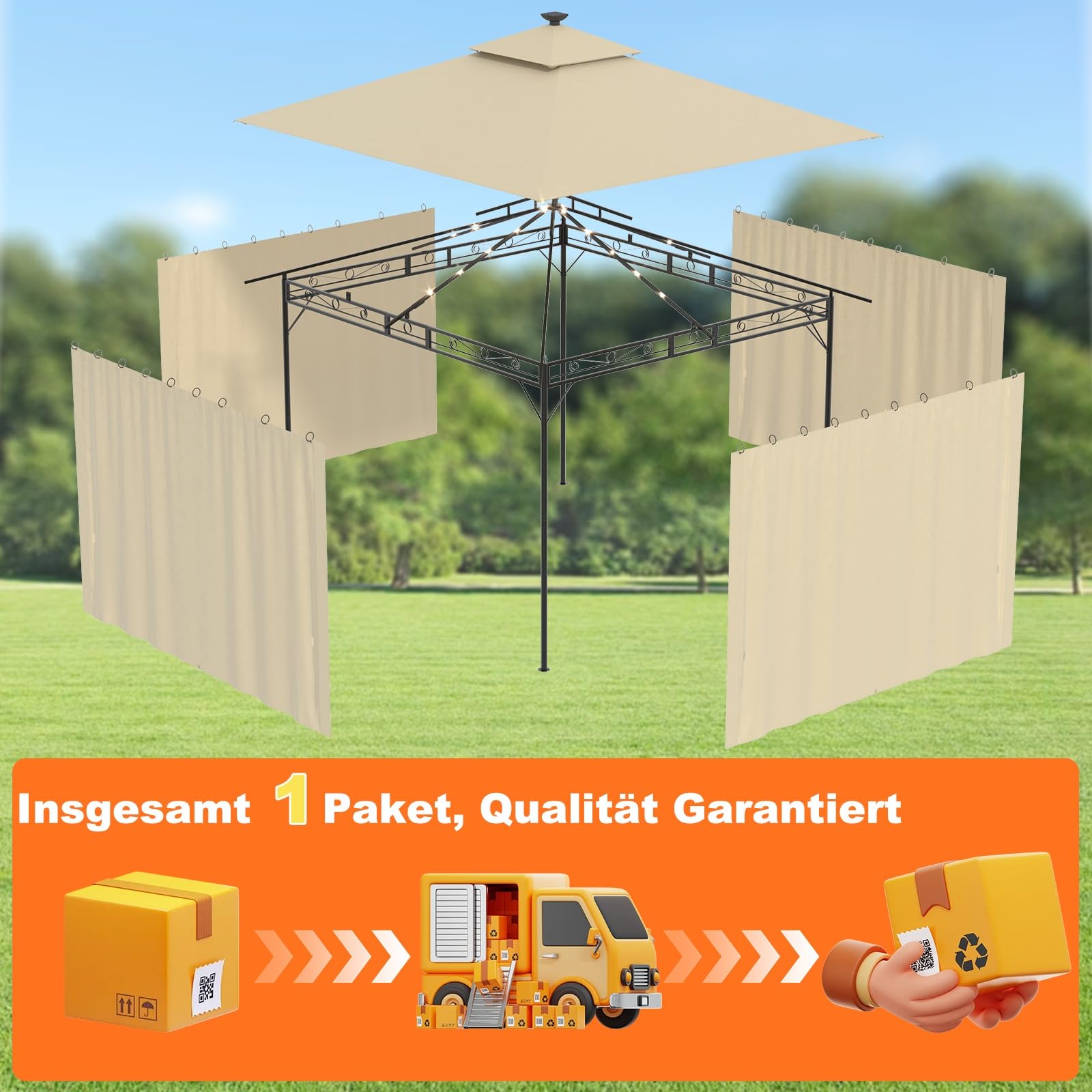 Devoko Garden Pavillon 3x3 Wasserdicht Stabil Winterfest Deluxe Gazebo, UV-Schutz 50+ Doppellagiges Grilpavillons mit seitenwänden für 4-8 Personen, Partyzelt für Freizeit, Partys,Grau mit LED