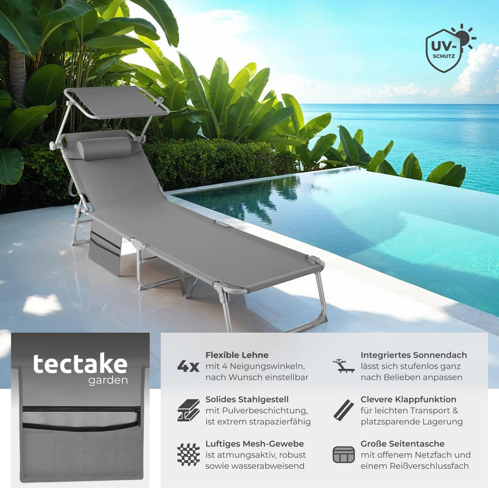 tectake® Sonnenliege klappbar, tragbar, Liege mit Seitentasche, Strandliege, Gartenliege mit Dach, Liegestuhl mit Verstellbarer Rückenlehne, inkl. Kopfkissen - für Balkon, Terrasse, Camping - beige
