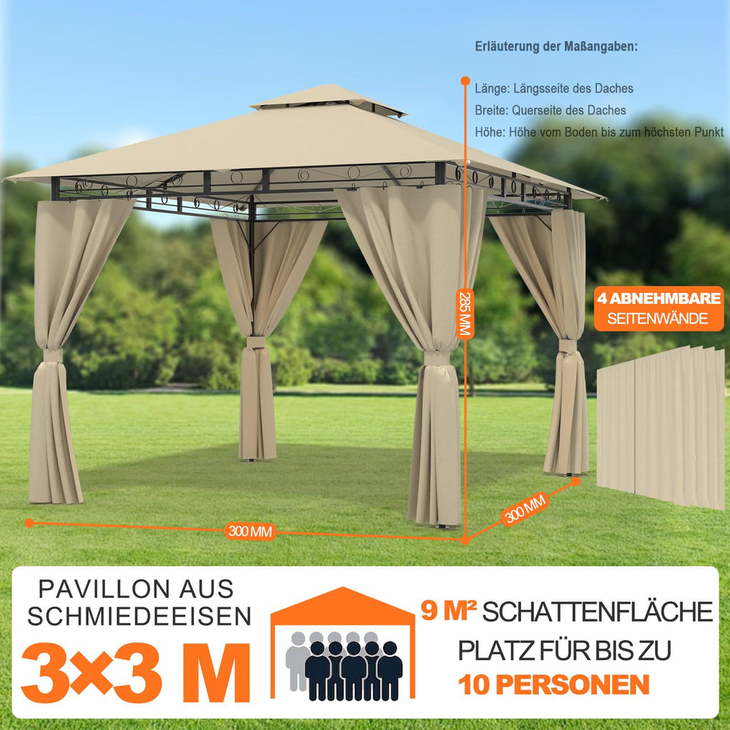 Devoko Garden Pavillon 3x3 Wasserdicht Stabil Winterfest Deluxe Gazebo, UV-Schutz 50+ Doppellagiges Grilpavillons mit seitenwänden für 4-8 Personen, Partyzelt für Freizeit, Partys,Grau mit LED