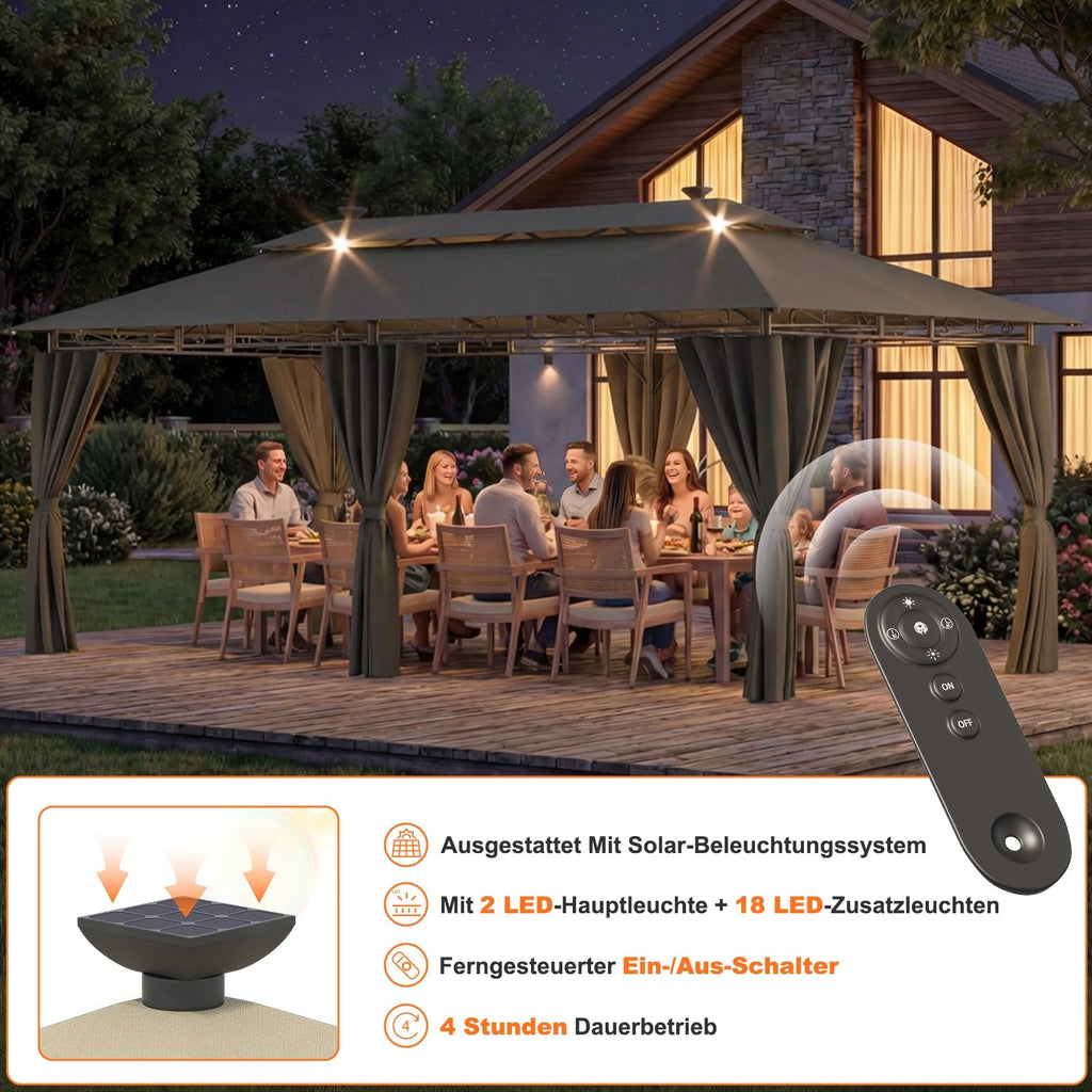 Devoko Garden Pavillon 3x3 Wasserdicht Stabil Winterfest Deluxe Gazebo, UV-Schutz 50+ Doppellagiges Grilpavillons mit seitenwänden für 4-8 Personen, Partyzelt für Freizeit, Partys,Grau mit LED