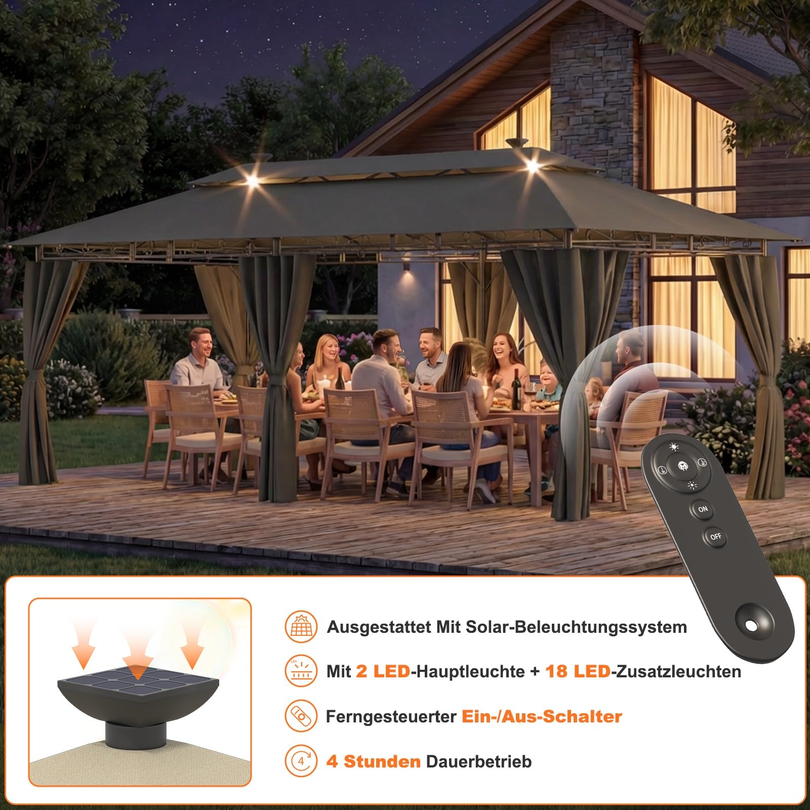 Devoko Garden Pavillon 3x3 Wasserdicht Stabil Winterfest Deluxe Gazebo, UV-Schutz 50+ Doppellagiges Grilpavillons mit seitenwänden für 4-8 Personen, Partyzelt für Freizeit, Partys,Grau mit LED