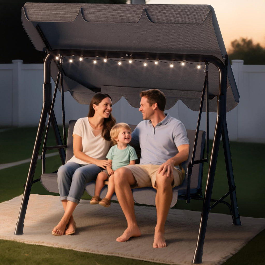 Soontrans 3-Sitzer Hollywoodschaukel, Familienzeit mit Leichtigkeit, Gartenschaukel mit Sonnendach & Gestell & Gepolsterte Sitzauflage, Belastbar bis 200 kg, aus Stahl (193 x 110 x 152 cm, Beige)