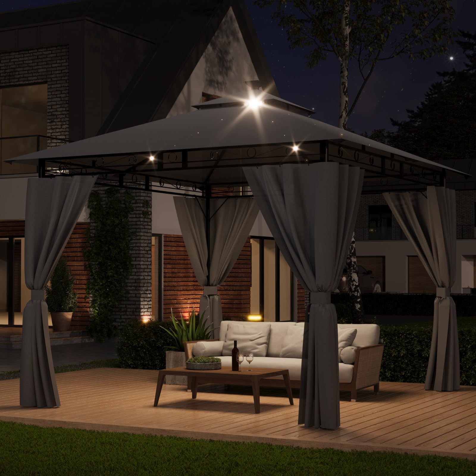 Devoko Garden Pavillon 3x3 Wasserdicht Stabil Winterfest Deluxe Gazebo, UV-Schutz 50+ Doppellagiges Grilpavillons mit seitenwänden für 4-8 Personen, Partyzelt für Freizeit, Partys,Grau mit LED