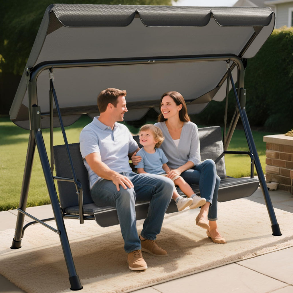 Soontrans 3-Sitzer Hollywoodschaukel, Familienzeit mit Leichtigkeit, Gartenschaukel mit Sonnendach & Gestell & Gepolsterte Sitzauflage, Belastbar bis 200 kg, aus Stahl (193 x 110 x 152 cm, Beige)