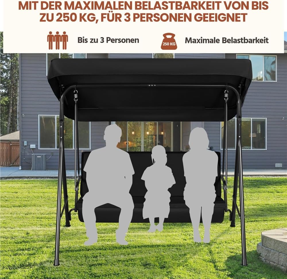 Yaheetech Schaukelbank Hollywoodschaukel 3-Sitzer Gartenschaukel mit Sonnendach Hängeschaukel mit Verstellbarem Ersatzbach bis 250 kg Belastbar Schwarz