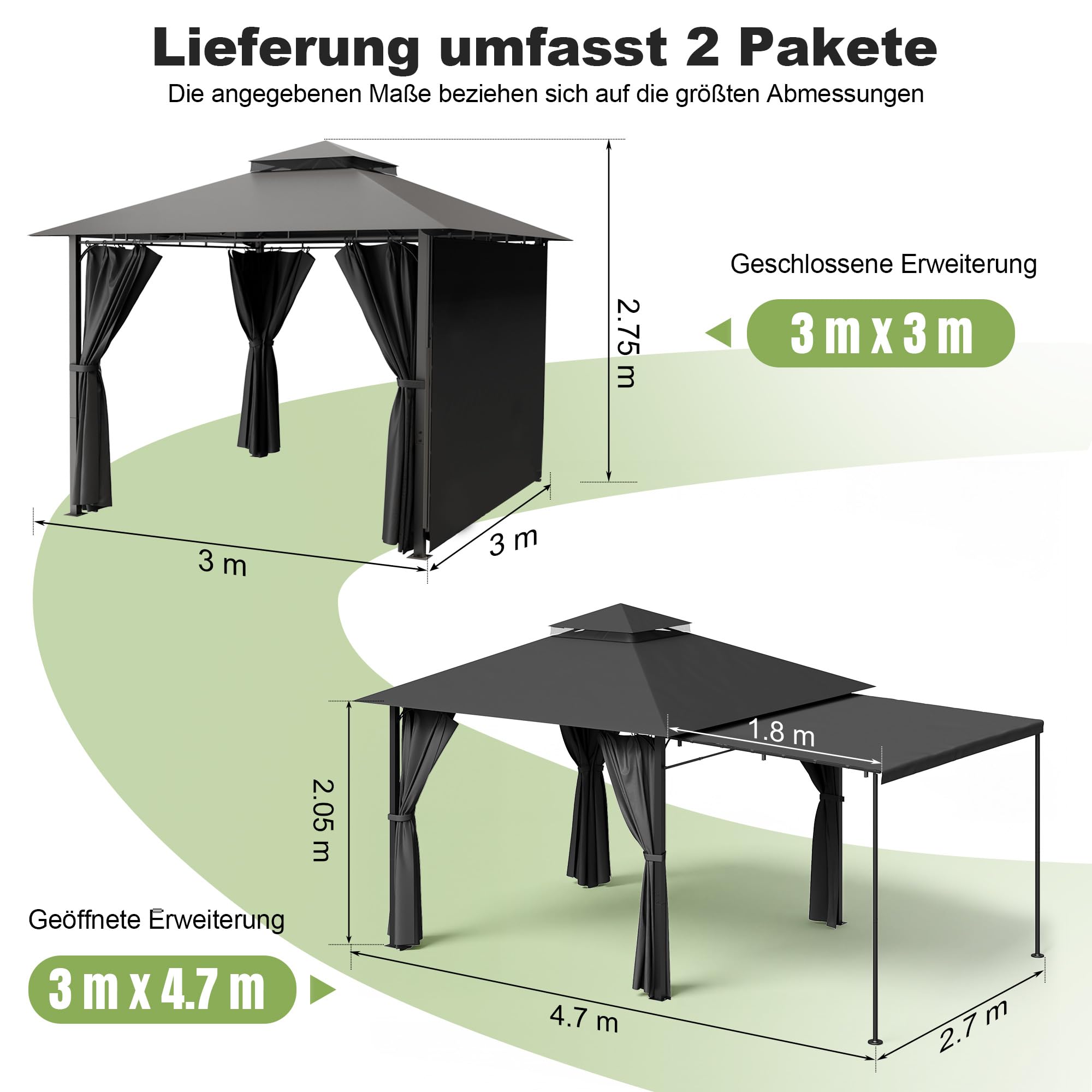 Devoko Garden Pavillon 3x3 Wasserdicht Stabil Winterfest Deluxe Gazebo, UV-Schutz 50+ Doppellagiges Grilpavillons mit seitenwänden für 4-8 Personen, Partyzelt für Freizeit, Partys,Grau mit LED