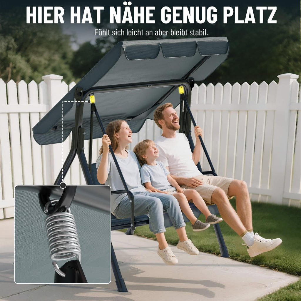 Soontrans 3-Sitzer Hollywoodschaukel, Familienzeit mit Leichtigkeit, Gartenschaukel mit Sonnendach & Gestell & Gepolsterte Sitzauflage, Belastbar bis 200 kg, aus Stahl (193 x 110 x 152 cm, Beige)