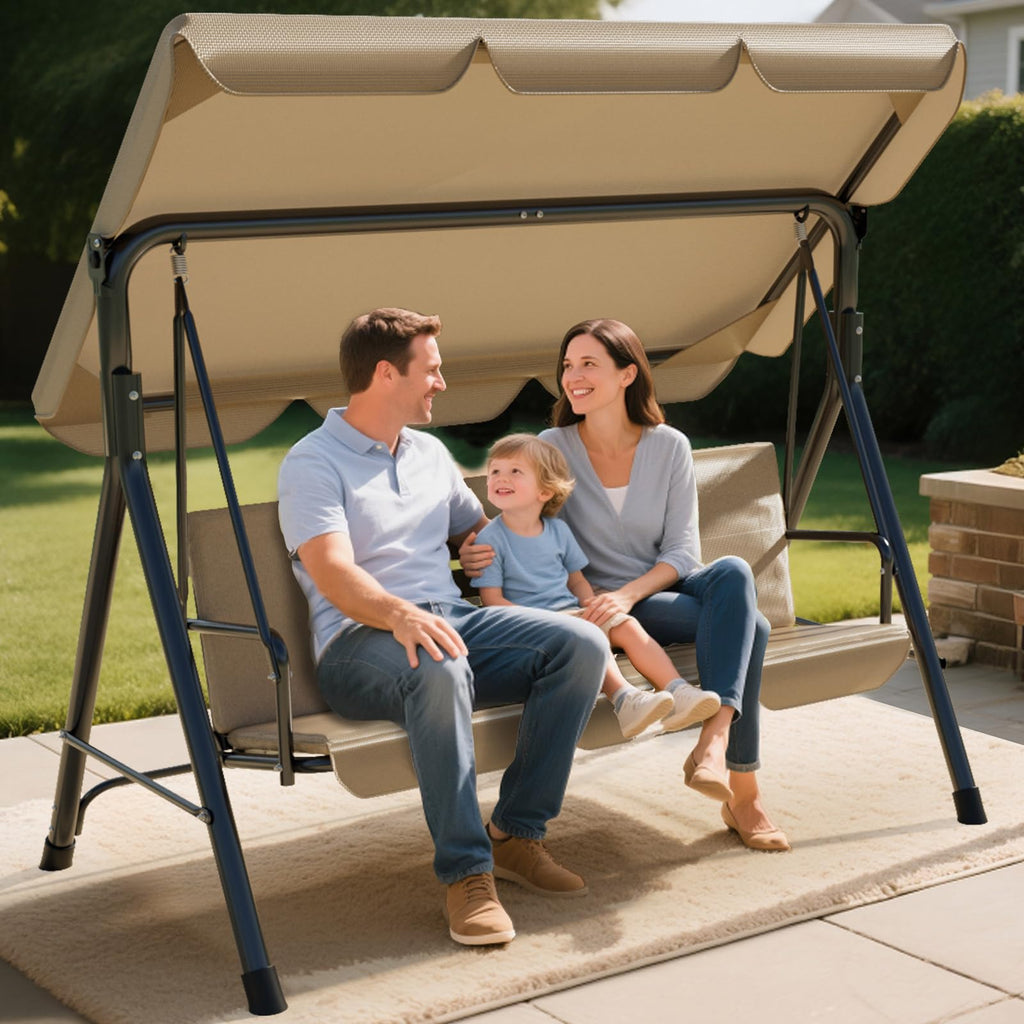 Soontrans 3-Sitzer Hollywoodschaukel, Familienzeit mit Leichtigkeit, Gartenschaukel mit Sonnendach & Gestell & Gepolsterte Sitzauflage, Belastbar bis 200 kg, aus Stahl (193 x 110 x 152 cm, Beige)
