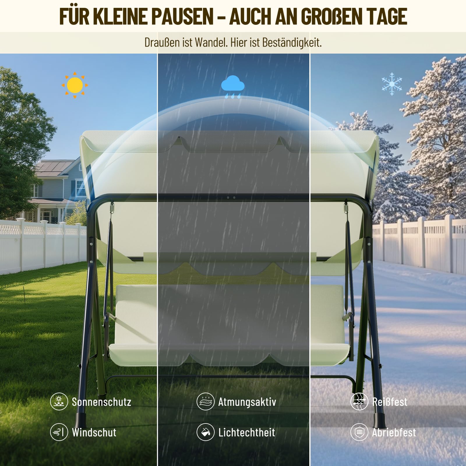 Soontrans 3-Sitzer Hollywoodschaukel, Familienzeit mit Leichtigkeit, Gartenschaukel mit Sonnendach & Gestell & Gepolsterte Sitzauflage, Belastbar bis 200 kg, aus Stahl (193 x 110 x 152 cm, Beige)