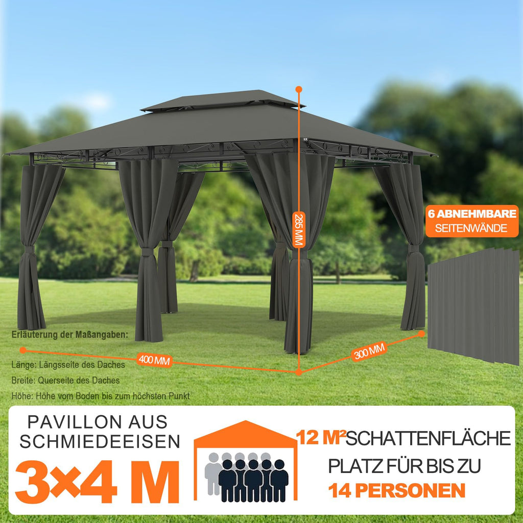 Devoko Garden Pavillon 3x3 Wasserdicht Stabil Winterfest Deluxe Gazebo, UV-Schutz 50+ Doppellagiges Grilpavillons mit seitenwänden für 4-8 Personen, Partyzelt für Freizeit, Partys,Grau mit LED