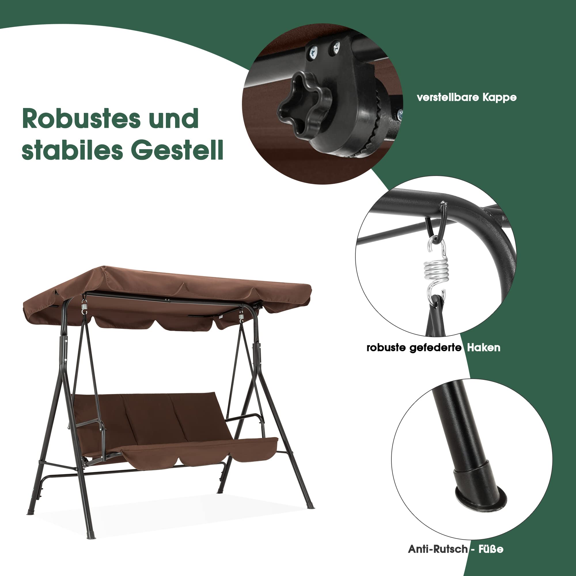 M MCombo 3-Sitzer Hollywoodschaukel, Gartenschaukel mit Verstellbarem Sonnendach, Schaukelbank Outdoor, Gartenliege Wetterfest, 114 x 170 x 155 cm, Grau 8003