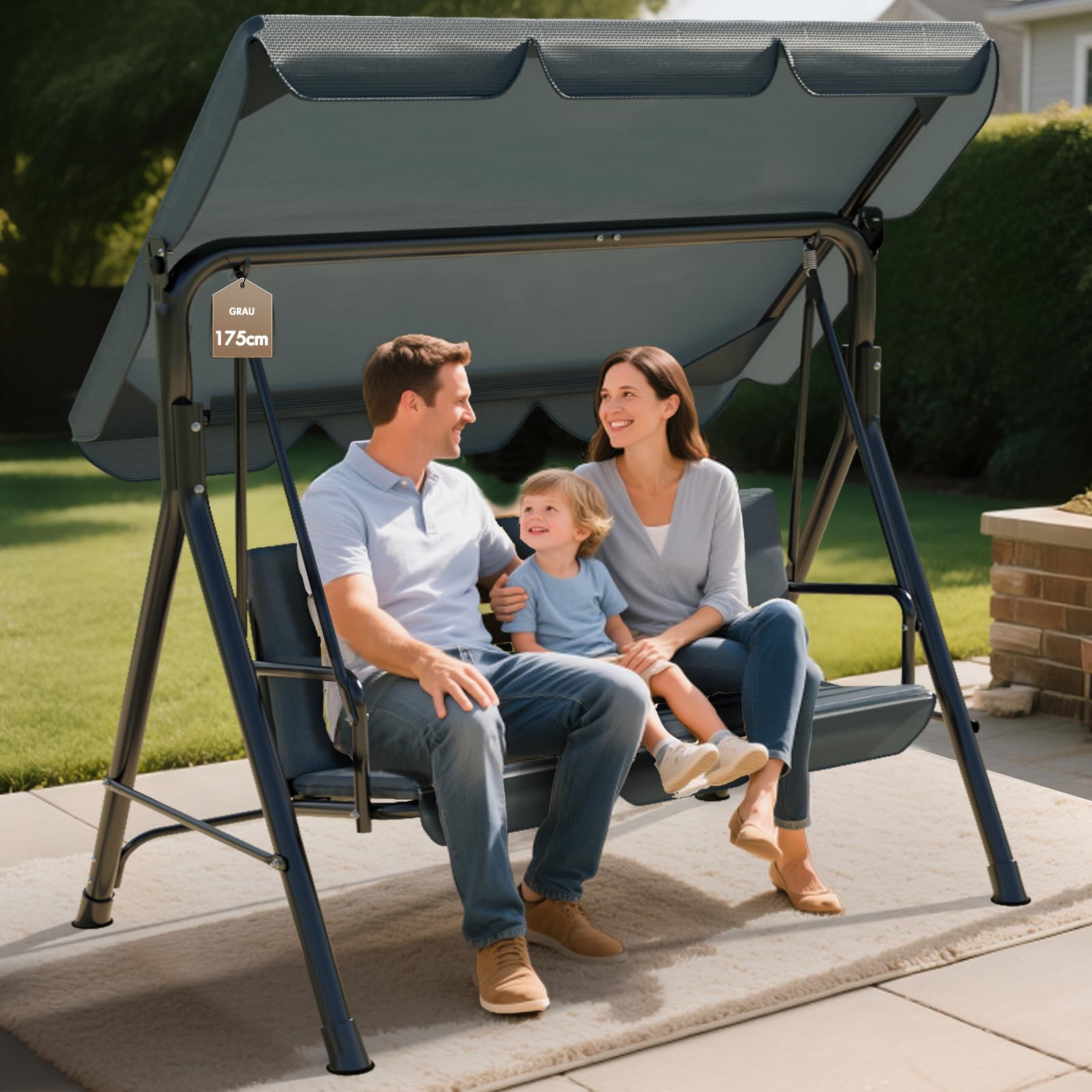 Soontrans 3-Sitzer Hollywoodschaukel, Familienzeit mit Leichtigkeit, Gartenschaukel mit Sonnendach & Gestell & Gepolsterte Sitzauflage, Belastbar bis 200 kg, aus Stahl (193 x 110 x 152 cm, Beige)
